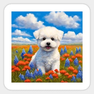 Bichon Frise Puppy in Texas Wildflower Field Sticker